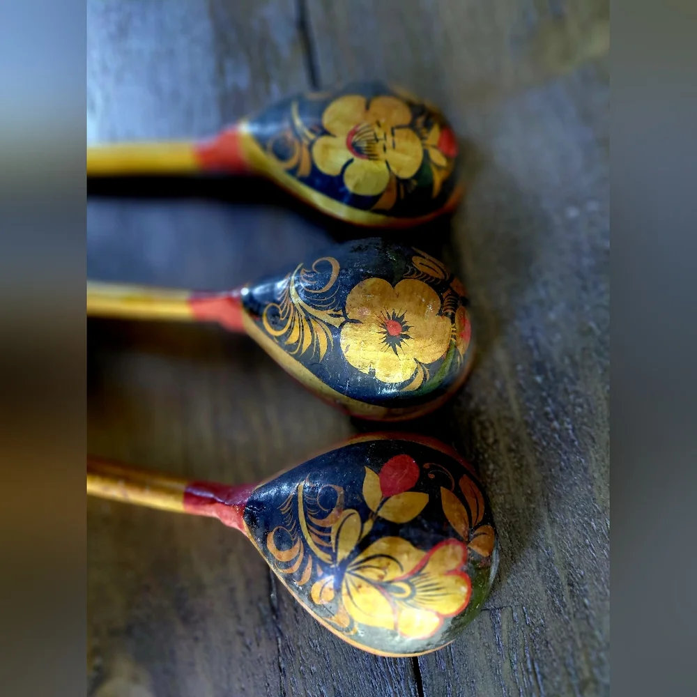 Handcrafted Floral Wooden Spoons (8) - 1950's Vintage In Gold and Black Colors